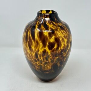 Amber Tortoise Shell Hand Blown Art Glass Vase Brown Mottled Bud Vase 9 Inch